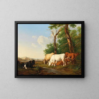 Cows in a meadow - Alexander Johann Dallinger von Dalling — framed artwork on a wall