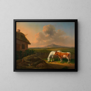 Horse and cow on the farm - Alexander Johann Dallinger von Dalling — framed artwork on a wall