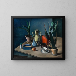 Grand nature morte avec cruches et boîte à thé rouge - Alexander Kanoldt — framed artwork on a wall