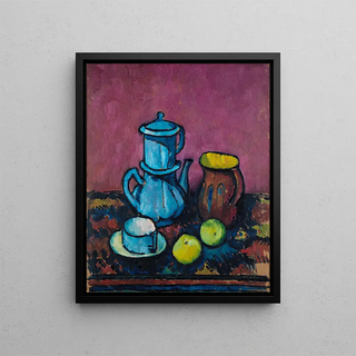 Still life with coffeeware and apples - Alexander Kanoldt — framed artwork on a wall