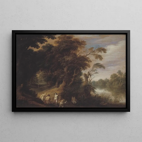 Forest landscape with nymphs bathing - Alexander Keirincx — framed artwork on a wall