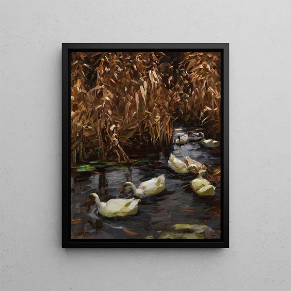 Eight ducks in the autumn reeds - Alexander Koester — framed artwork on a wall