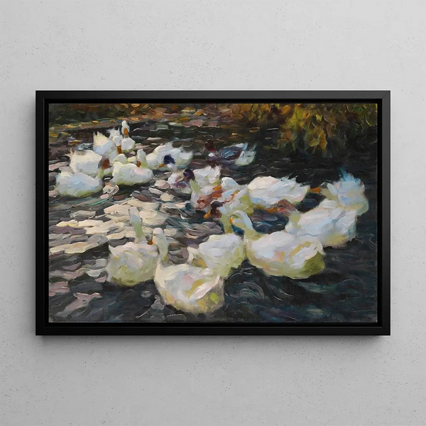 Ducks at Sunset - Alexander Koester — framed artwork on a wall
