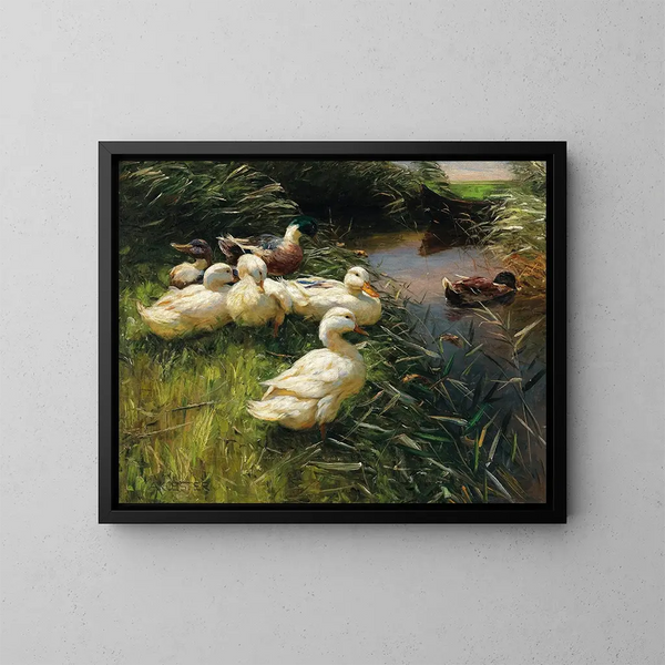 Canards au bord du lac avec un bateau - Alexander Koester — framed artwork on a wall