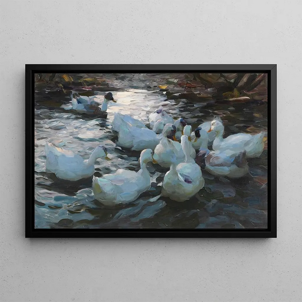 Eleven Ducks in the Water - Alexander Koester — framed artwork on a wall