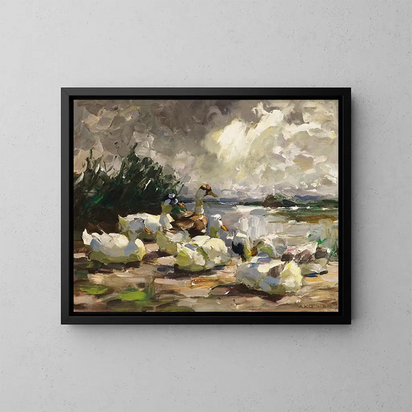 Ducks by the water's edge, cloudy atmosphere - Alexander Koester — framed artwork on a wall