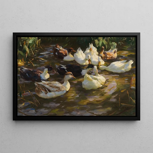 Ducks in the pond, Ducks at the stream - Alexander Koester — framed artwork on a wall