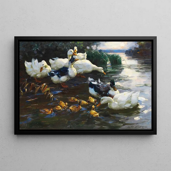 Ducks with ducklings in the water - Alexander Koester — framed artwork on a wall