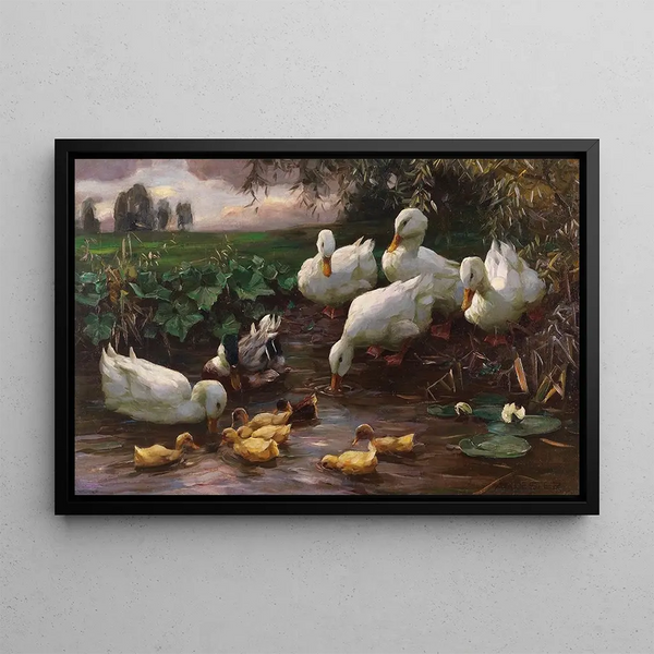 Duck with ducks and ducklings by the lake - Alexander Koester — framed artwork on a wall