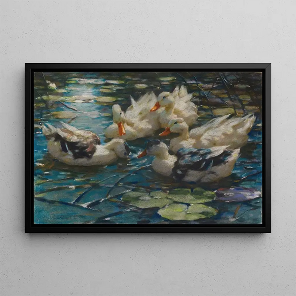 Cinq canards colorés dans l'eau bleue des nénuphars - Alexander Koester — framed artwork on a wall
