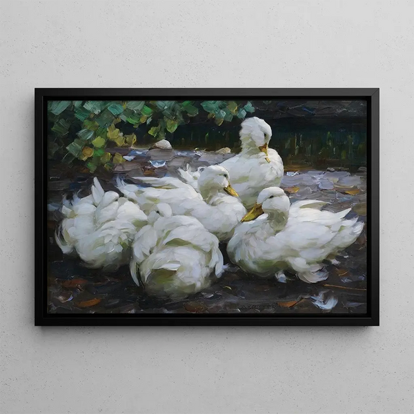 Five White Ducks Resting - Alexander Koester — framed artwork on a wall