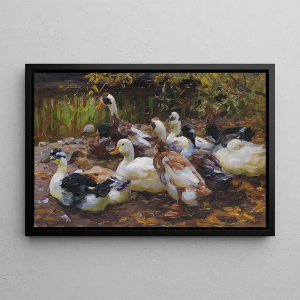 Mes canards, onze canards au bord de l'eau - Alexander Koester — framed artwork on a wall
