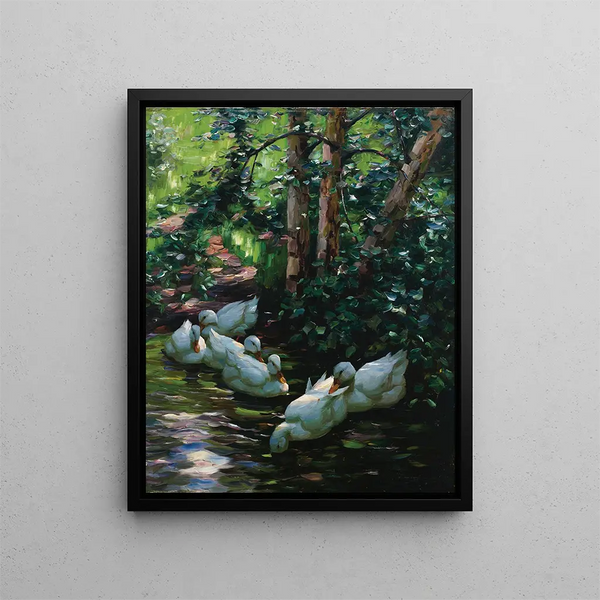 Six ducks in the water - Alexander Koester — framed artwork on a wall