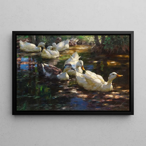 Seven Ducks in a Shaded Pond - Alexander Koester — framed artwork on a wall