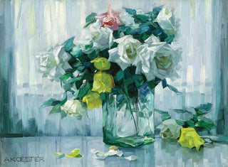 Still life with white and yellow roses in a glass vase - Alexander Koester — artwork view