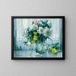 Still life with white and yellow roses in a glass vase - Alexander Koester — framed artwork on a wall