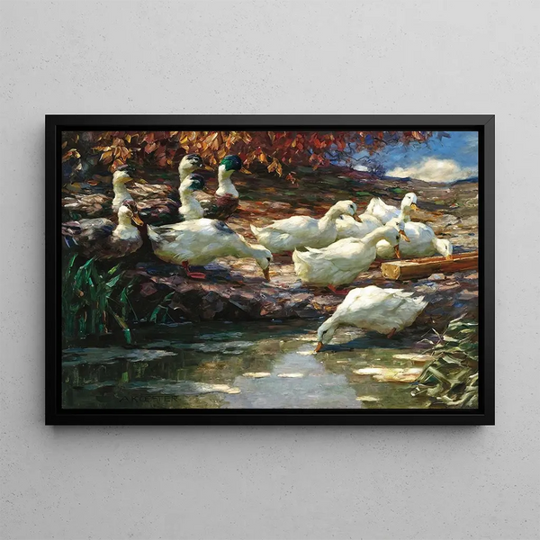 Twelve Ducks at the Fountain - Alexander Koester — framed artwork on a wall