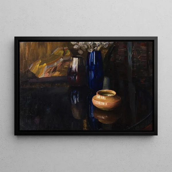 Still life with vase on mahogany table - Alexander Koester — framed artwork on a wall
