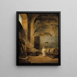 a monk in a ruined cellar transformed into a wine cellar - Alexander Laurus — framed artwork on a wall