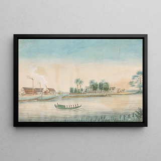 View of the sugar plantation Catharina Sophia from the water - Alexander Ludwich Brockmann — framed artwork on a wall