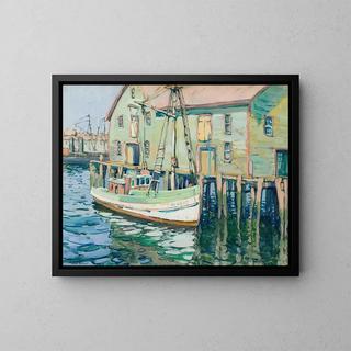 Boats at the dock - Alexander M Hudnut — framed artwork on a wall