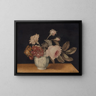 Flowers in a Delft Vase - Alexander Marshal — framed artwork on a wall