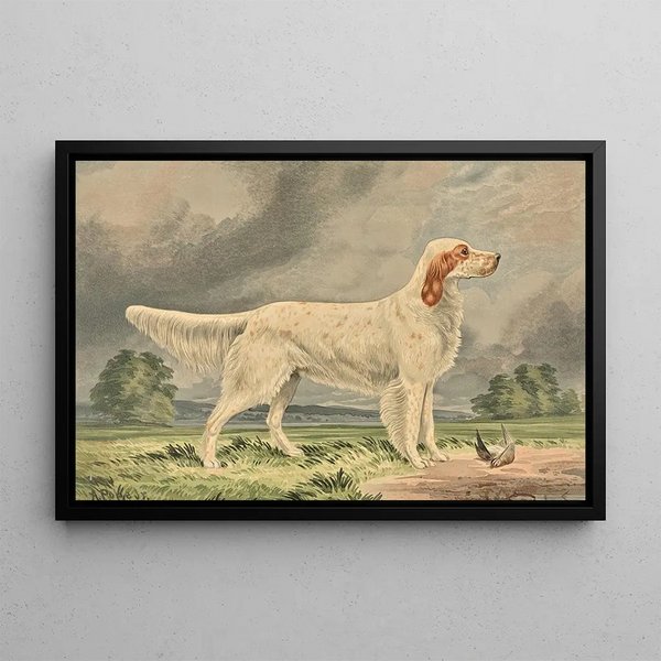 Irish Setter painting in red and white standing facing right, bird at its feet - Alexander Pope Jr — framed artwork on a wall