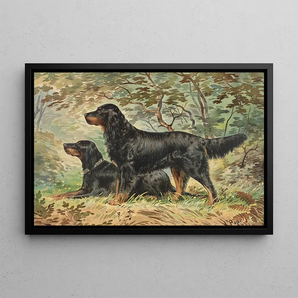 Two setters Gordon facing left, one standing, one lying down - Alexander Pope Jr — framed artwork on a wall