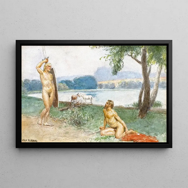 Two male nudes on the bank of a lake - Alexander Rothaug — framed artwork on a wall