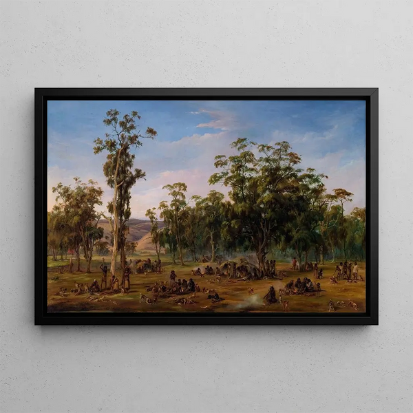 an Aboriginal camp near the Adelaide foothills - Alexander Schramm — framed artwork on a wall