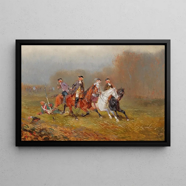 Escape of an Elegant Cavalier in front of the Battlefield - Alexander von Bensa — framed artwork on a wall