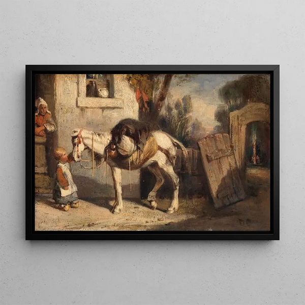a horse with a child holding the reins - Alexandre-Gabriel Decamps — framed artwork on a wall