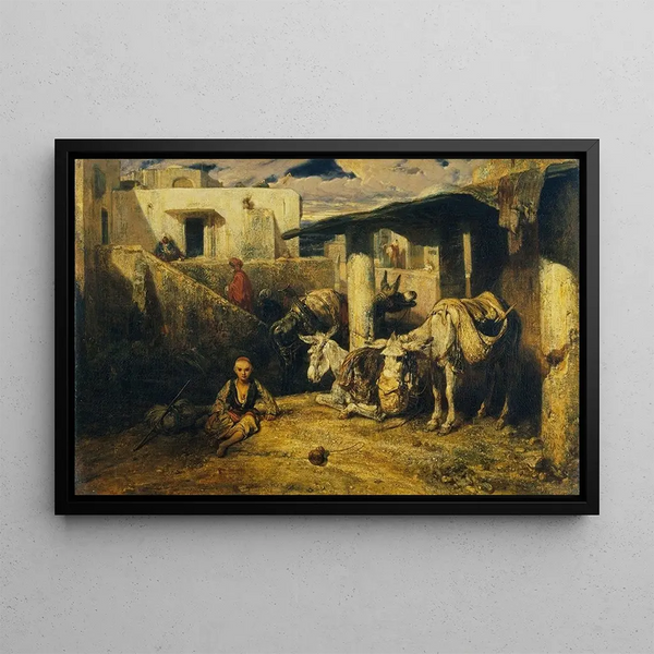 Donkeys at Rest, a Turkish scene - Alexandre-Gabriel Decamps — framed artwork on a wall