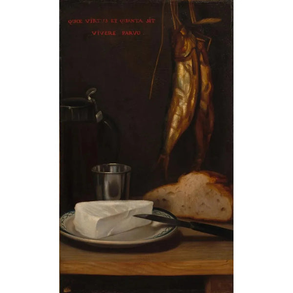 Still life with herring, bread, and cheese - Alexandre-Gabriel Decamps — framed artwork on a wall