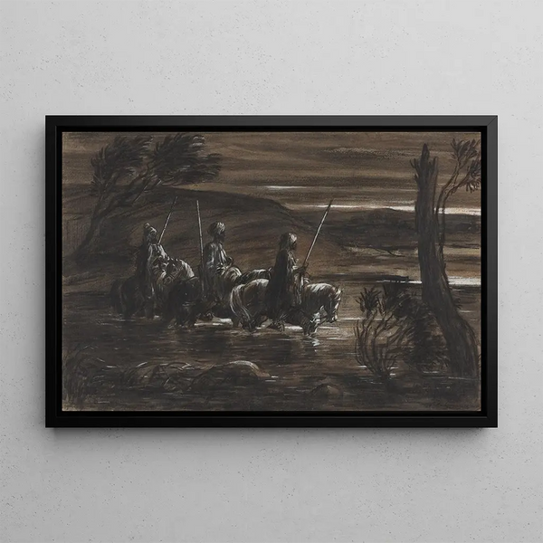 Three Arab horsemen crossing a river - Alexandre-Gabriel Decamps — framed artwork on a wall