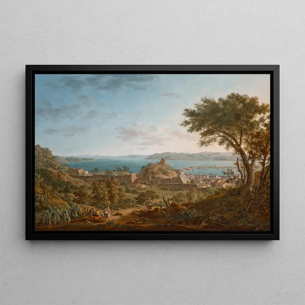 The Strait of Messina, Sicily, from the west with view of the fortifications and the port - Alexandre-Hyacinthe Dunouy — framed artwork on a wall