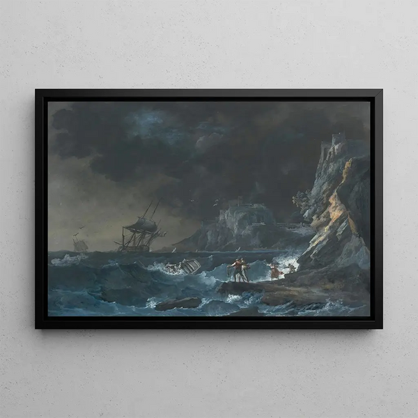 Ships on a Rough Sea with Figures on the Shore - Alexandre-Jean Noël — framed artwork on a wall