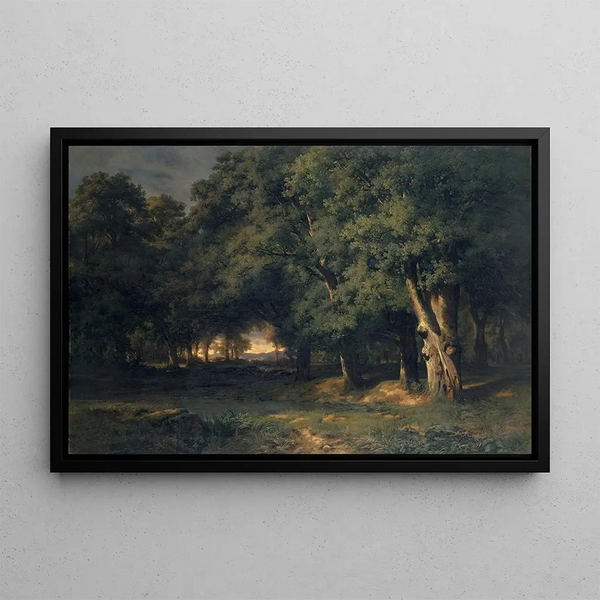 Forest landscape painting with deer hunting - Alexandre Calame — framed artwork on a wall