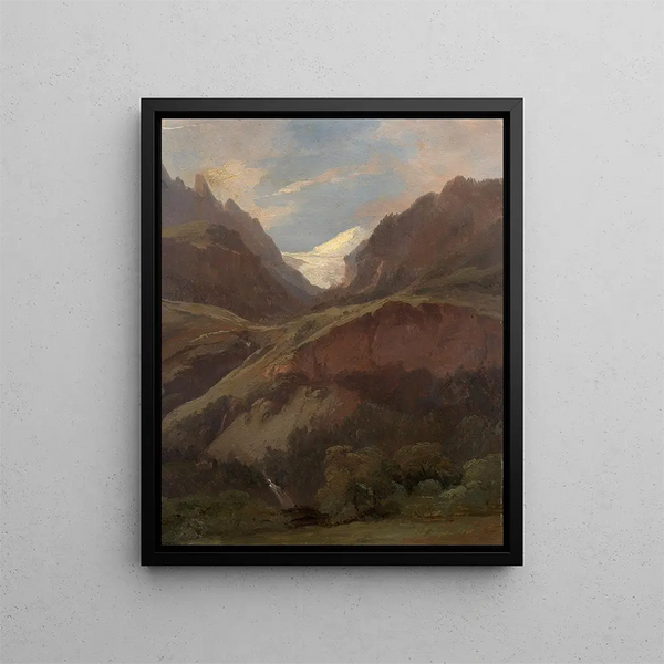 View of the Wetterhorn and the Reichenbach from Meiringen - Alexandre Calame — framed artwork on a wall