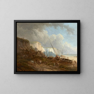 Marine painting, the mouth of a river and cliffs of the Pays de Caux - Alexandre Defaux — framed artwork on a wall