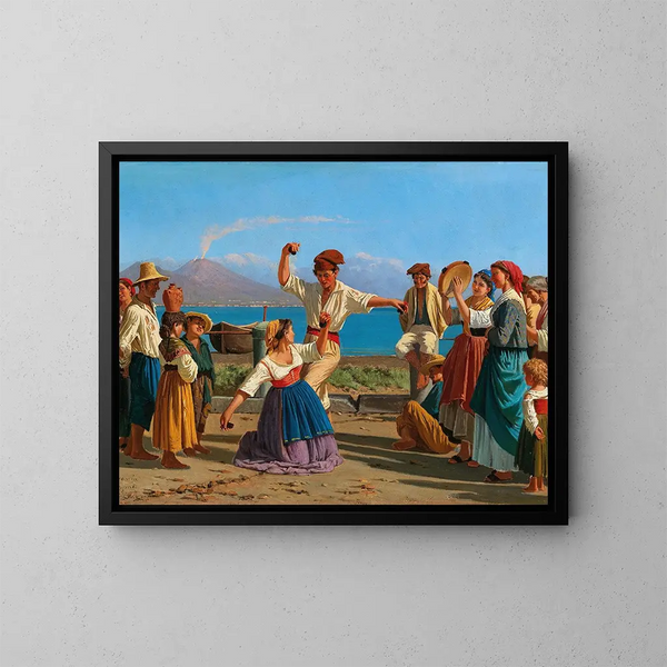 Tarantelle in Naples with Vesuvius in the background - Alexandre Francia — framed artwork on a wall