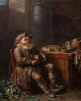 an old man playing the hurdy-gurdy in an interior - Alexandre Moitte — artwork view