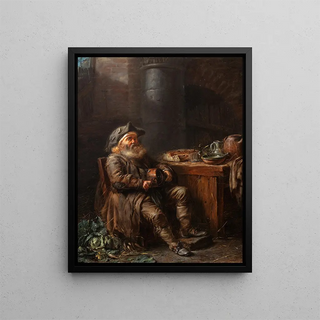an old man playing the hurdy-gurdy in an interior - Alexandre Moitte — framed artwork on a wall