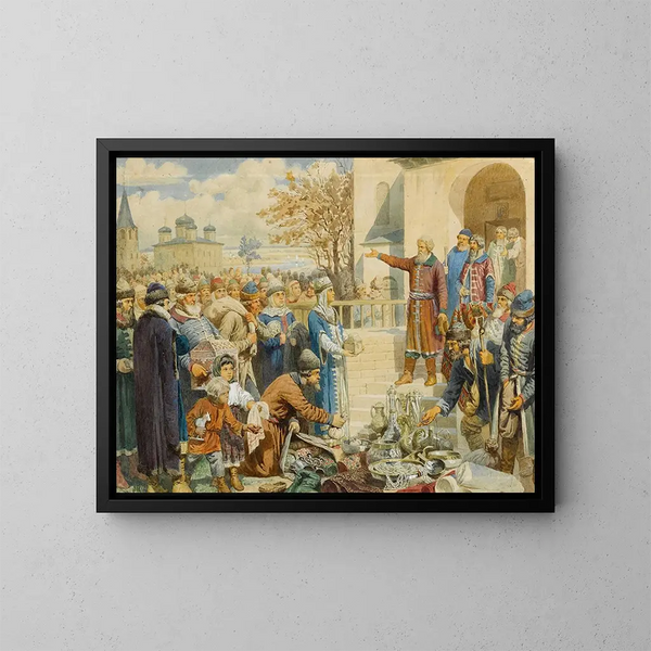 the Call of Minin to Nizhny Novgorod in 1611 - Alexei Danilovich Kivshenko — framed artwork on a wall