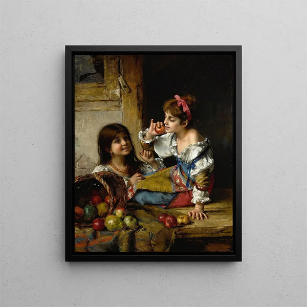 Two girls with apples and pears - Alexei Harlamoff — framed artwork on a wall