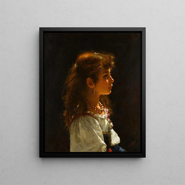 Young girl in profile - Alexei Harlamoff — framed artwork on a wall