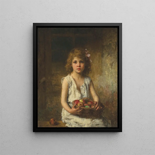 Young girl with a basket of apples - Alexei Harlamov — framed artwork on a wall