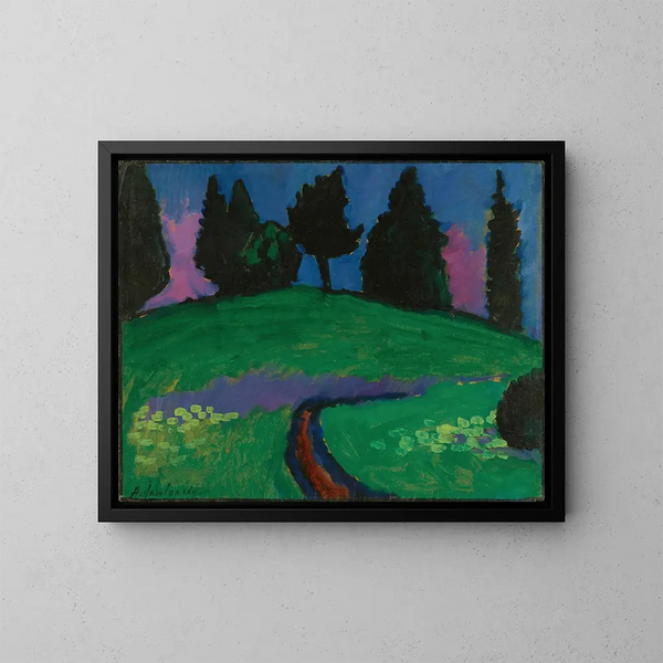Dark trees on a green slope - Alexej von Jawlensky — framed artwork on a wall