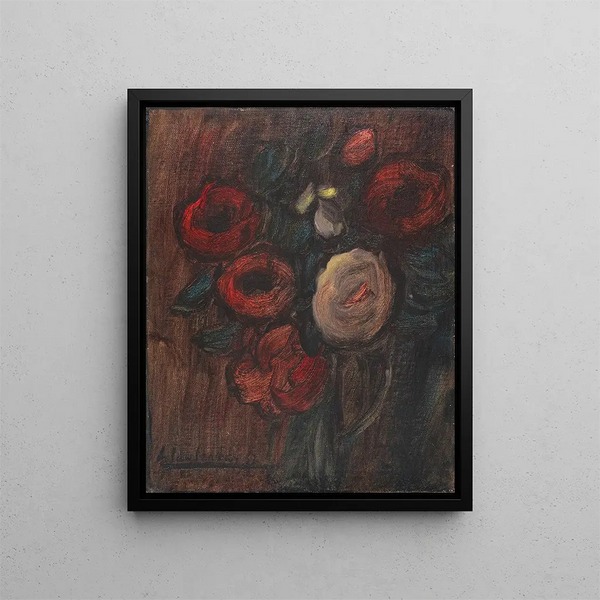 Large Still Life Painting of a Green Jug with Peonies Dark Rose Bouquet - Alexej von Jawlensky — framed artwork on a wall