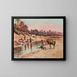 Washers by the riverbank and water carrier - Alexis-Auguste Delahogue — framed artwork on a wall